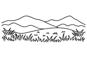Mountain landscape outline with hills and grassy field in minimalist vector