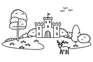 Outline of a castle in nature with trees, deer, and flying birds simple black and white illustration vector