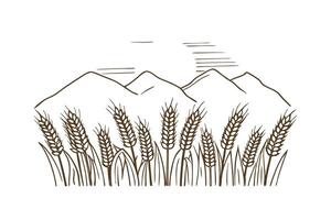 wheat field in front of mountain range, minimalist landscape line art, agriculture scene vector