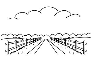 Country road through open fields with fence lines under a cloudy sky minimalist landscape drawing vector