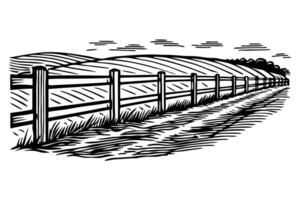 Rustic countryside fence and rolling fields, black and white illustration of rural landscape vector