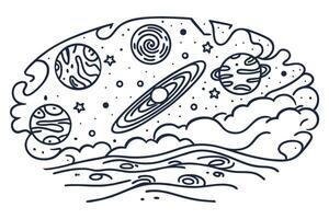 abstract cosmic design planets, moons, stars in celestial universe with swirling patterns vector