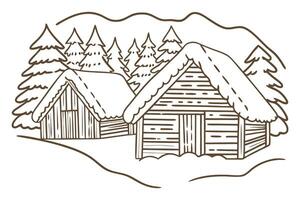 Snowy log cabins in forest landscape rustic winter scene with pine trees and cozy wooden structures vector