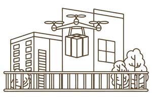 Drone delivery in urban cityscape with package hovering above buildings and trees vector
