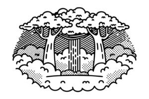 black and white illustration of stylized trees and waterfall in a whimsical landscape vector