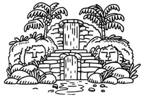 jungle scene with waterfall, palm trees, stone faces, and lush vegetation vector
