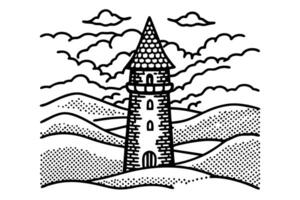 medieval tower illustration with dotted hills and cloudy sky in black and white line art vector