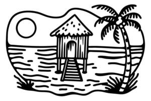 tropical beach hut illustration with palm tree, ocean sun view relaxing summer vacation escape scene vector