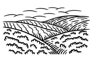 Black and white landscape illustration rolling hills and fields with clouds vector