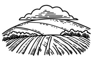 hand drawn landscape illustration of rolling hills and lush fields under a clouded sky vector