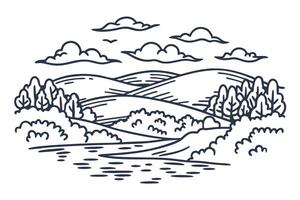 Scenic landscape illustration rolling hills, trees, and clouds in a serene countryside setting vector