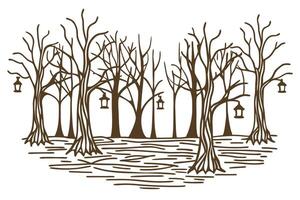 Barren forest with lanterns on trees in winter scene, serenity and solitude illustration vector