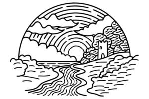 Scenic landscape with tower, river, and rainbow in monochrome line art vector
