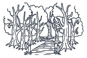 Line art forest pathway with tall trees and lanterns in a tranquil nature setting vector