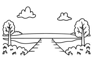 Simple landscape drawing with trees and road under cloudy sky vector