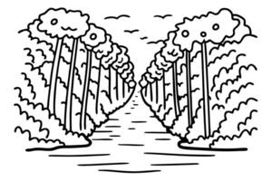 Black and white river landscape with symmetrical trees and abstract clouds vector