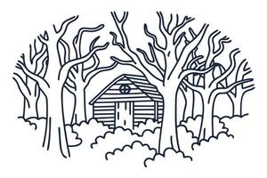 Cabin in a spooky forest mysterious, leafless trees surrounding a hidden wooden shelter vector