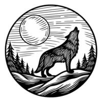 howling wolf silhouette in moonlight, surrounded by forest pines in a circular design vector