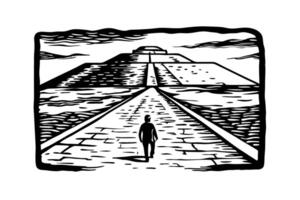 solitary figure walking towards pyramid monochrome ancient architecture, history, mystery vector