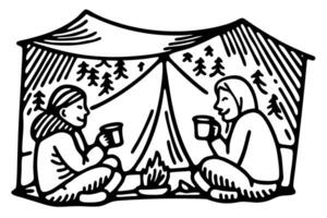 Camping friends enjoying hot drinks by campfire in forest setting vector