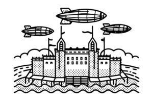 Vintage airships hovering over medieval castle with flags vector