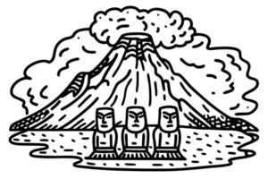 illustration of three statues in front of a volcano, surrounded by clouds and landscape scenery vector