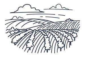 scenic countryside landscape illustration with rolling hills, clouds, and fields in line art vector