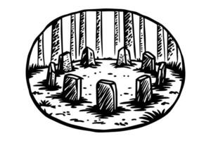 Mysterious stone circle in forest, nature ritual site, trees encircling ancient monoliths vector
