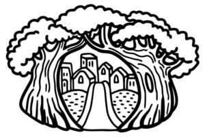 Enchanted forest illustration with village scene and pathway surrounded by trees vector