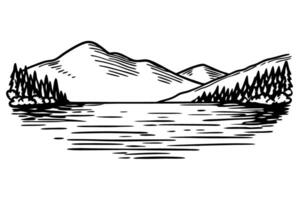 serene mountain landscape with pine trees and calm lake in black and white illustration vector