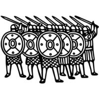 ancient warriors with shields and spears in battle formation, historical combat illustration vector