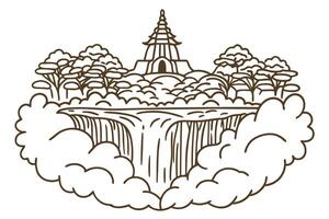 Outline illustration pagoda overlooking waterfall in serene landscape with trees and clouds vector