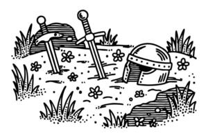 Medieval swords and helmet in grassy field with flowers, symbol of ancient battle and history vector