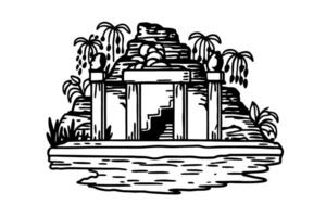 Ancient temple illustration stone structure with palm trees and water in black and white art vector
