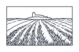 line art landscape with castle and fields rustic scenery, countryside tranquility and charm vector