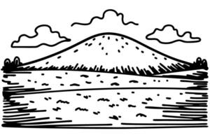 hand drawn landscape, minimalist mountain with clouds and fields black and white nature sketch vector