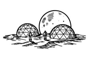 astronauts explore lunar colony with geodesic domes in black and white illustration vector