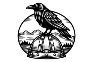 raven perched on viking helmet, norse mountains in background symbol of wisdom and mystery vector