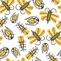 Seamless pattern with hand-drawn beetles and insects in earthy yellow and green tones, perfect for fabric, wallpaper, textiles, and nature-inspired design projects. vector