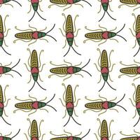 Seamless cricket insect pattern with hand-drawn bugs in a vintage style on a white background, ideal for textiles, wallpapers, wrapping paper, nature-inspired designs, and entomology-themed projects. vector