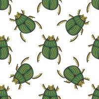 Seamless green beetle pattern with hand-drawn insects in a whimsical style on a white background, perfect for textiles, wallpapers, wrapping paper, and nature-inspired surface designs. vector