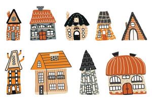 Whimsical hand-drawn fairytale houses in a charming, cartoonish style with unique architecture, playful shapes, and warm earthy tones, perfect for storybook illustrations, prints, and designs. vector