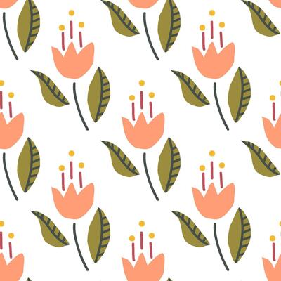 Seamless floral pattern with hand-drawn tulip flowers and leaves in a minimalist, modern style on a white background, perfect for textiles, wallpapers, stationery, home decor, nature-inspired designs.