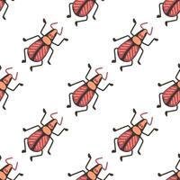 Seamless hand-drawn beetle pattern with quirky insects in warm tones of red, orange, and brown on a white background, ideal for textiles, wallpaper, wrapping paper, and nature-inspired design projects vector