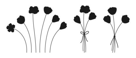 Set of bouquets and flower silhouettes in black color on white background. Bunches of delicate wildflowers, illustration for design projects vector