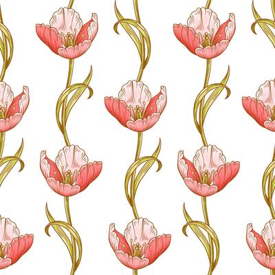 Floral seamless pattern with tulips. Beautiful hand drawn flowers with leaves. Spring or summer vintage wallpaper, template for fashion design. Botanical print on white background