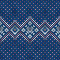 Scandinavian knitted seamless pattern. Norwegian native style sweater, ornament with snowflakes. Fair Isle design. Wool texture. Winter holiday background, blue, white and red vector