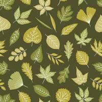 Seamless pattern with leaves on dark background - spring or summer leaf of maple, linden, poplar, ginkgo, and others. Print for textile, package, wrapping paper. Green colors vector