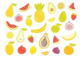 Set of colorful hand drawn summer fruits isolated on white background. Trendy abstract flat cartoon collection. Pineapple, banana, avocado, lemon, watermelon, papaya, strawberry and so on vector