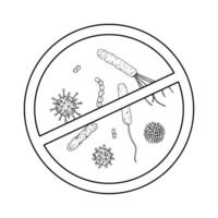 Black and white illustration with white background. Hand drawn isolated objects in line art technique. Antimicrobial sign, features a prohibition symbol against bacteria, viruses, and fungi vector